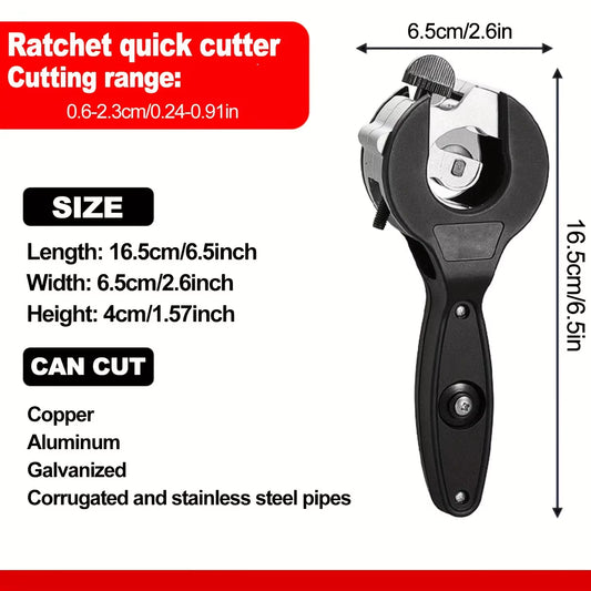 Ratchet Tube Cutter - Versatile Hand Tool for Copper, Aluminum, Iron, Stainless Steel, PPR & PE Pipes